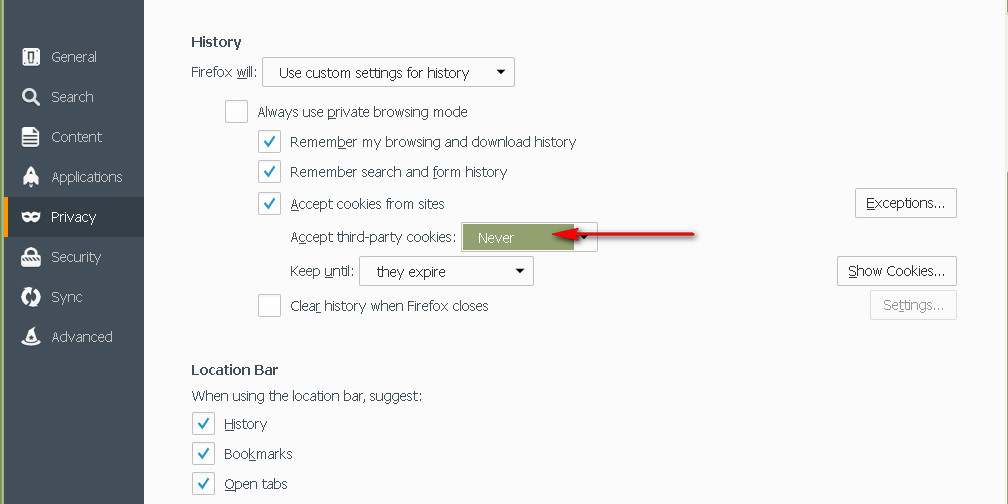 جلوگیری از ذخیره 3rd party cookies توسط فایرفاکس